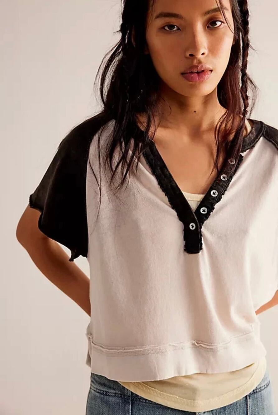 Free People We The Free Eyes Closed Henley Top Small Cream Black Cropped Cotton